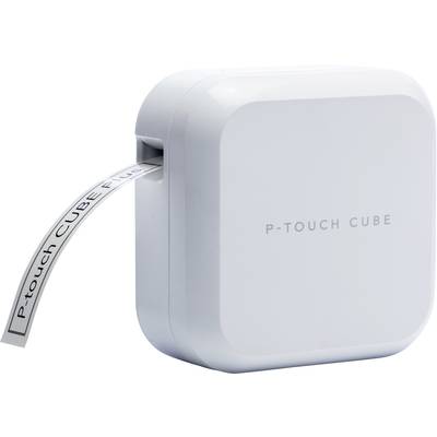 Biely tlačiareň štítkov P-Touch Cube vytlačí štítok s nápisom 'P-touch CUBE Plus'.