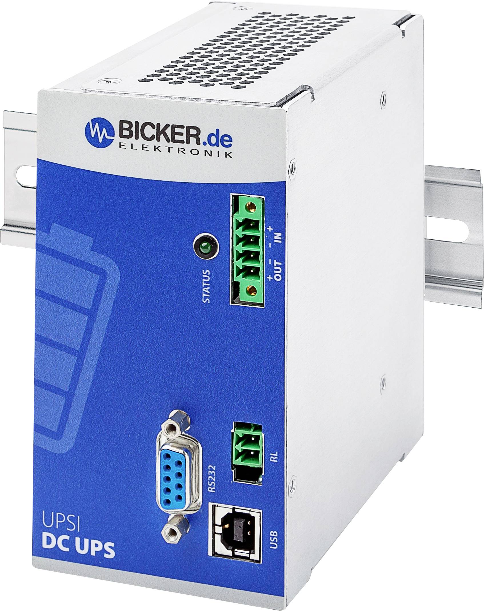 Zariadenie DC-USV od Bicker Elektronik, modro-biele, s konektormi pre USB, RS-232, IN, OUT a RL. Vhodné na zabezpečenie napájania počas výpadku elektriny.