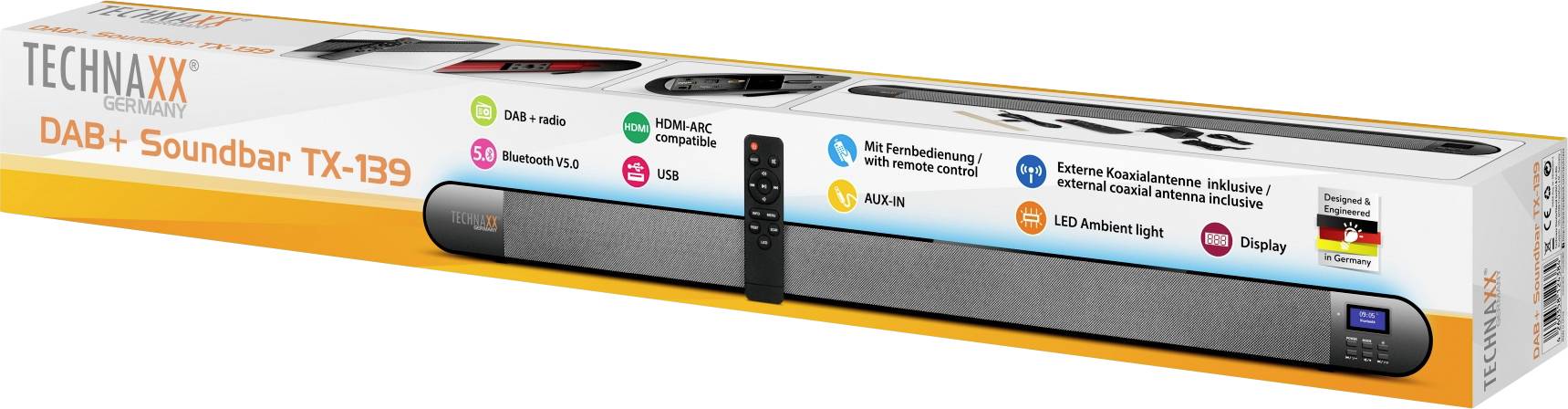 Obrázok zobrazuje balenie soundbaru TX-99 od spoločnosti TECHNAXX. Funkcie: DAB+, Bluetooth, USB, LED displej, diaľkové ovládanie.