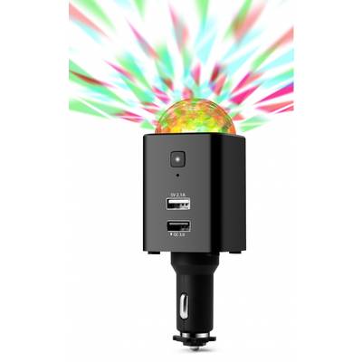 Čierna autodobíjačka s farebnou LED svetelnou guľou na vrchu, dvoma USB portami a microSD kartovým slotom.