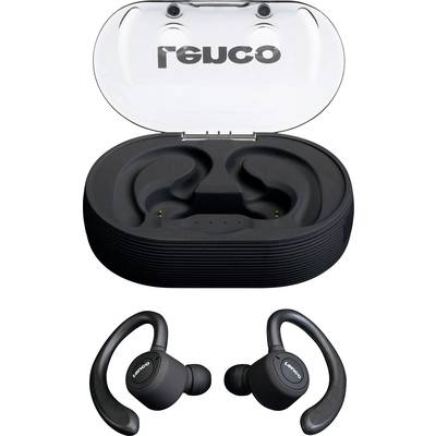 Bezdrôtová čierna sada Bluetooth slúchadiel s ušnými háčikmi a zodpovedajúcim nabíjacím púzdrom, na ktorého kryte je logo 'reJco'.