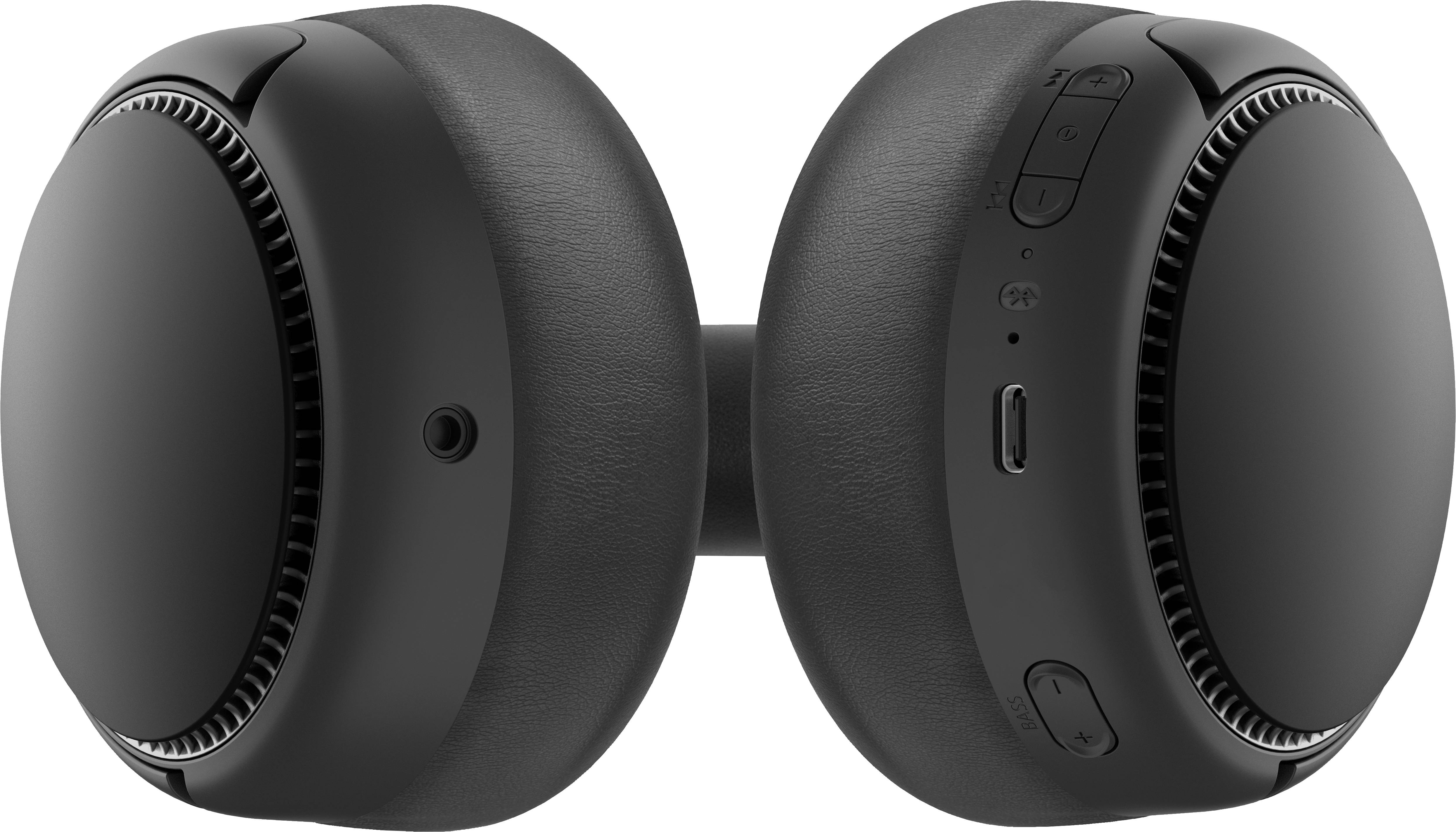Čierno-sivé over-ear slúchadlá so zvýraznenými ovládacími prvkami vrátane regulátora hlasitosti, USB portu a vypínača.