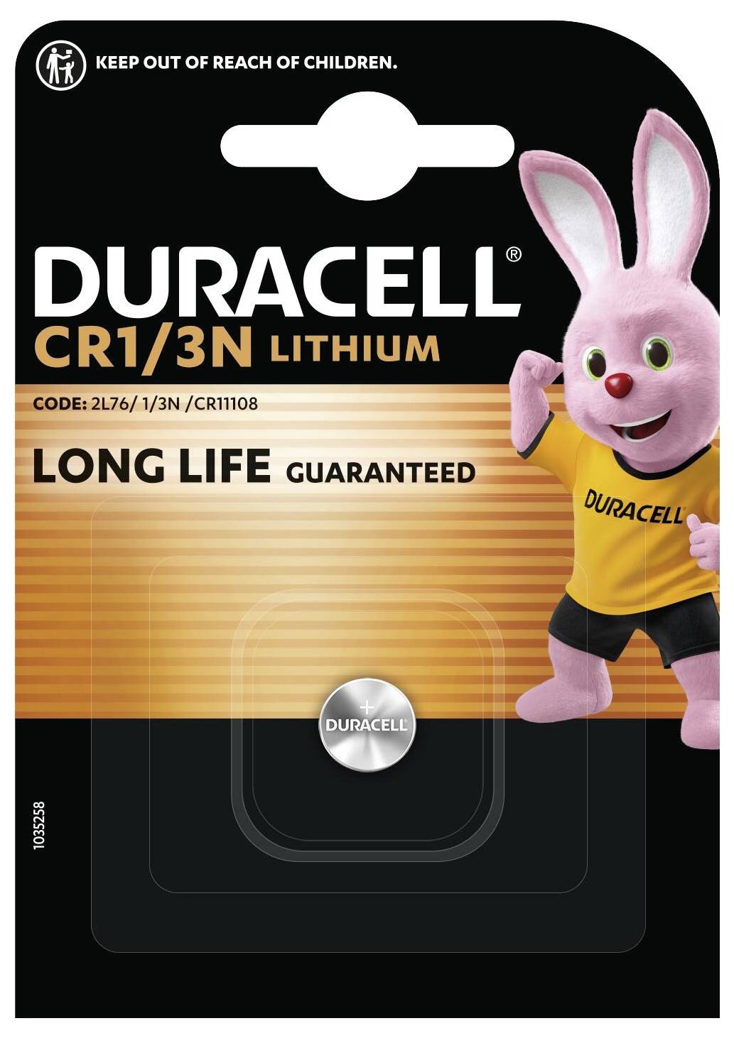 Obal batérie Duracell Lithium (1/3N) s obrázkom ružového zajaca. Výstraha: 'Uchovávajte mimo dosahu detí'.