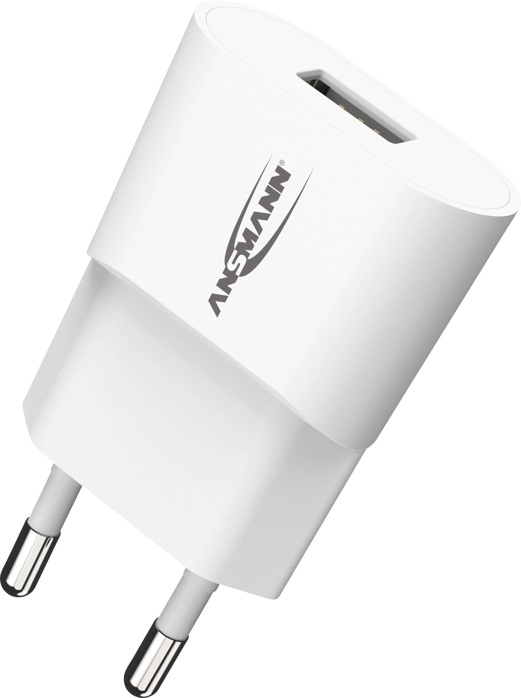 Biele USB nabíjačka s európskou zástrčkou, vhodná na nabíjanie elektronických zariadení. Označená logom 'Ansmann'.