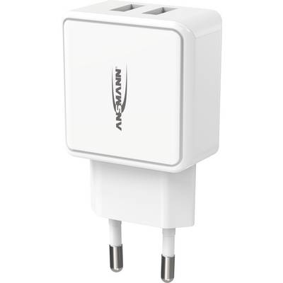 Biele USB nabíjačka Ansmann s dvoma USB portami a nemeckou zástrčkou, vhodná pre mobilné zariadenia.