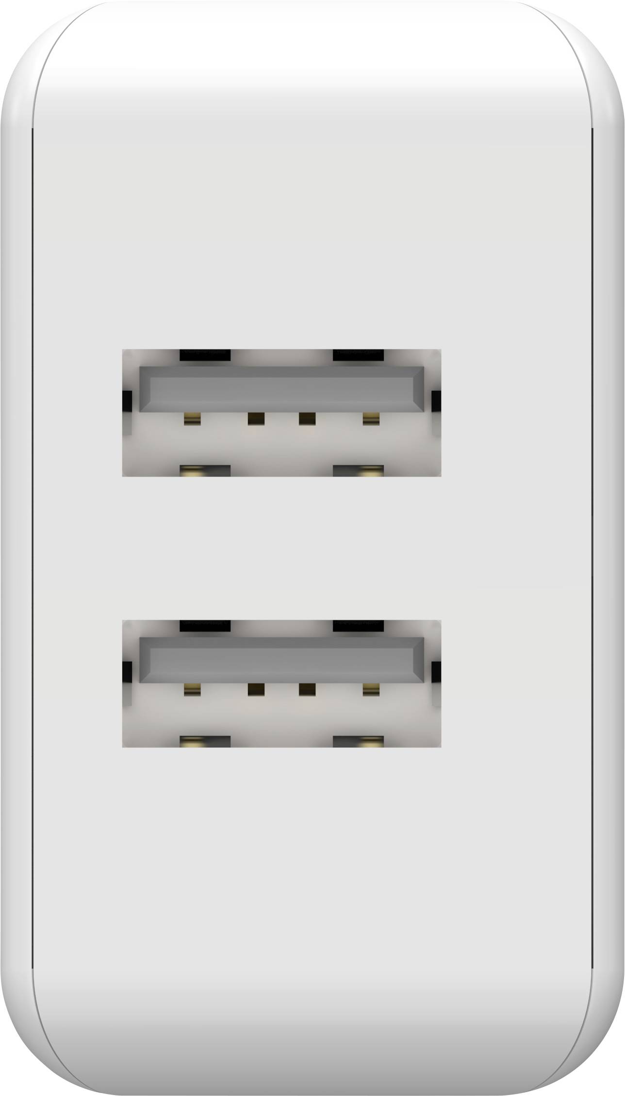 Dvojitá USB zásuvka na stenu vhodná na súčasné nabíjanie dvoch zariadení. Moderný, biely dizajn.