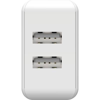Dvojitá USB zásuvka na stenu vhodná na súčasné nabíjanie dvoch zariadení. Moderný, biely dizajn.
