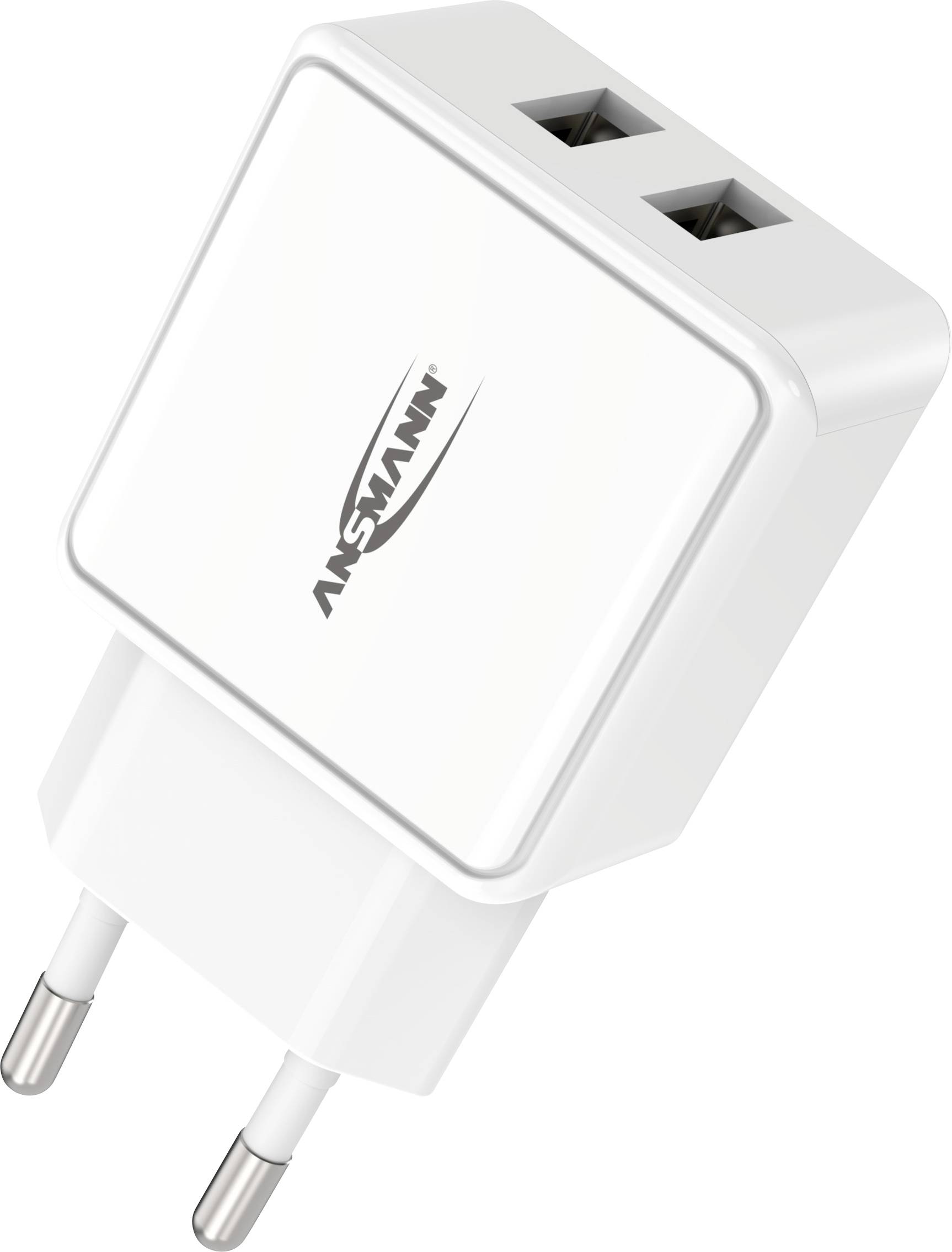Biela zásuvka s dvomi USB portami a európskym zástrčkovým adaptérom; na prednej strane je logo 'ANSMANN'.
