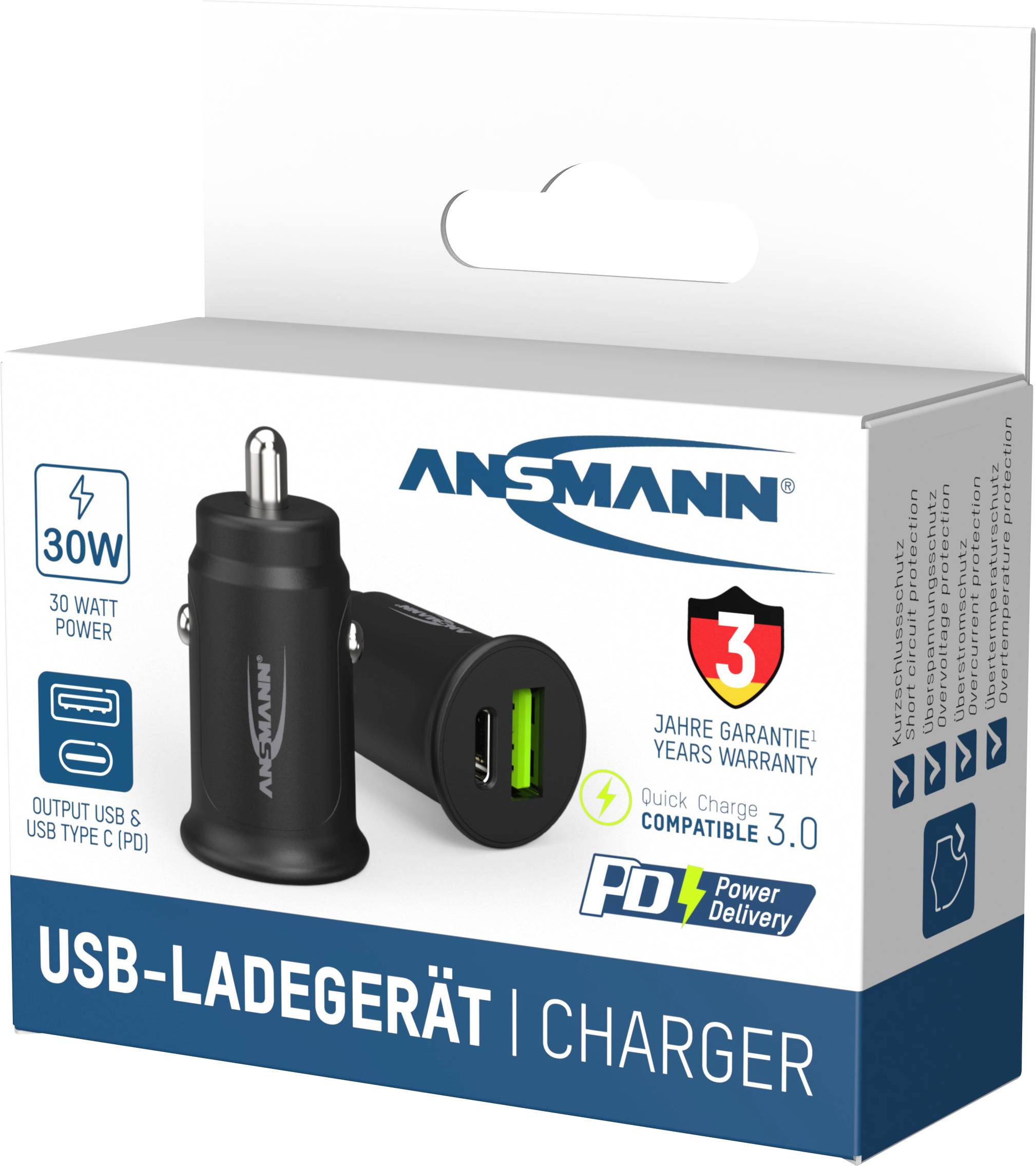 Kartónový obal USB nabíjačky do auta v čiernej farbe, 30 wattový výkon, s funkciou rýchleho nabíjania, kompatibilný s PD, 3-ročná záruka.