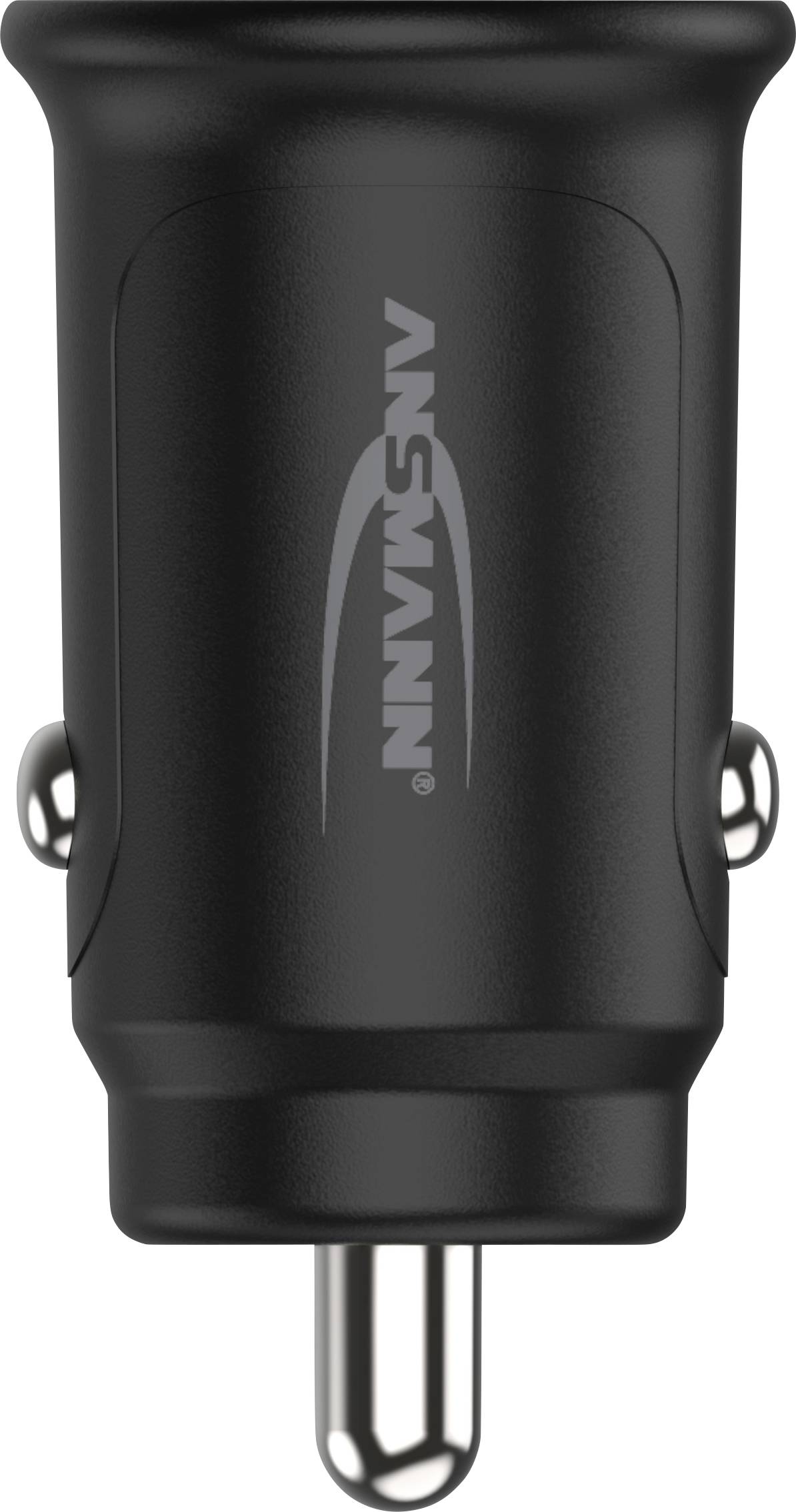 Čierna USB autonabiječka so strieborným konektorom a logom značky uprostred. Navrhnutá do zapaľovača v aute.