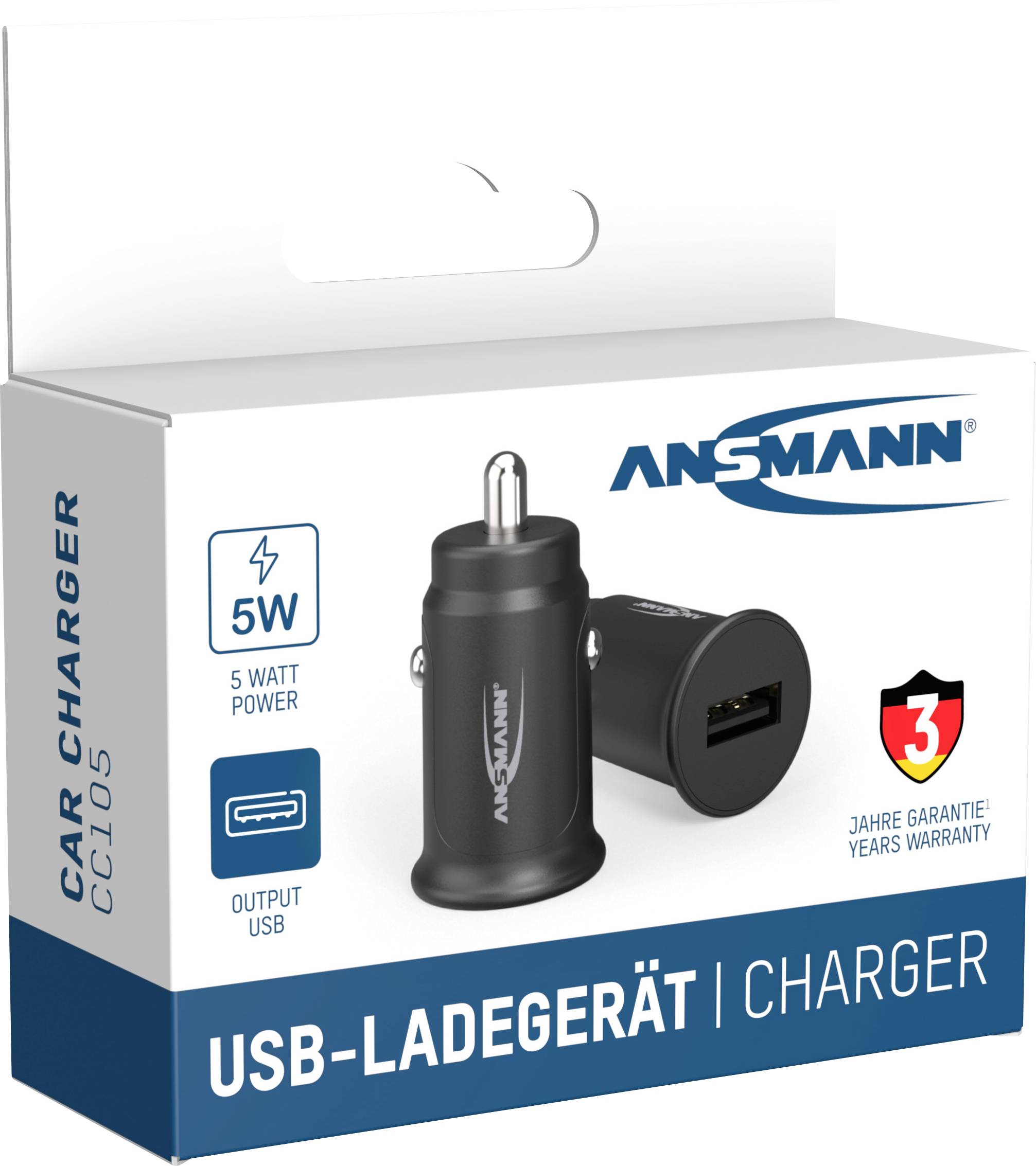 Čierna USB nabíjačka od Ansmanna v balení, 5 wattový výkon, 3-ročná záruka, vhodná pre autoplasty s USB výstupom.