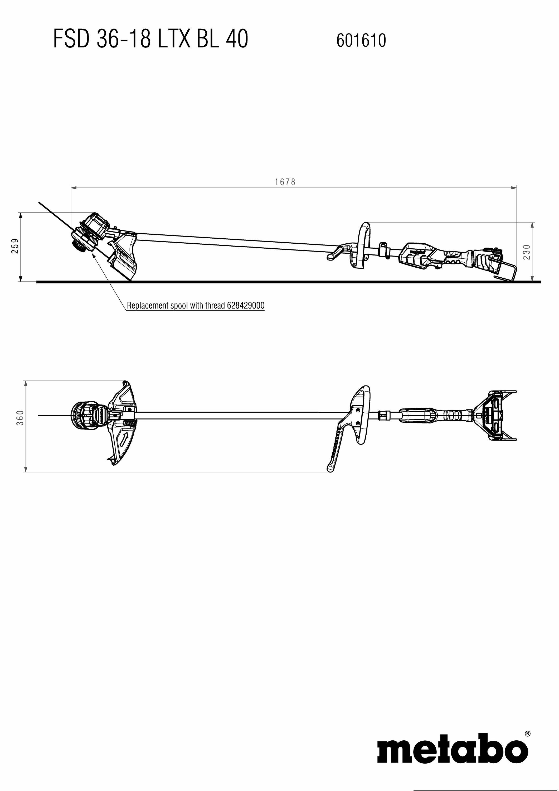 Diagram bezdrôtového trávneho trimra Metabo FSD 36-18 LTX BL 40. Zobrazuje technické rozmery a náhradné diely so závitom 634263000.