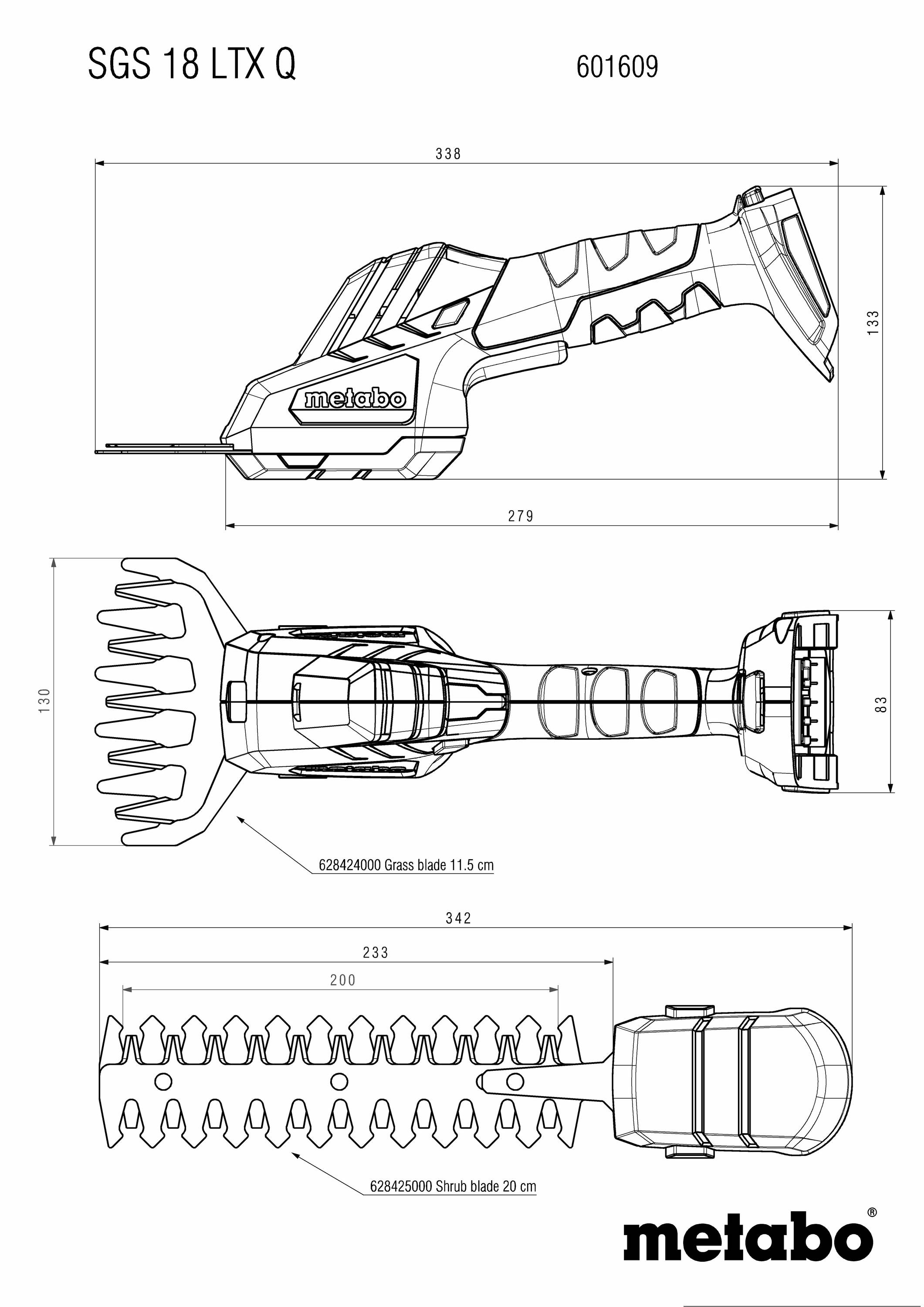 'Technický výkres prístroja Metabo SGS 18 LTX Q s rôznymi čepeľami. Rozmery: 338 mm, 279 mm. Detaily k čepeli na trávu a kríky.'