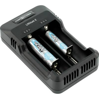 Čierna nabíjačka s priestorom pre dve AA batérie, pričom jedna z nich je označená ako "Li-Ion AA 800mAh".