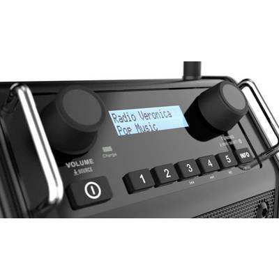 Obrázok ukazuje digitálne rádio s displejom. Na obrazovke je zobrazené 'Radio Veronica' a 'Pop Music'. Sú viditeľné otočné gombíky a tlačidlá.