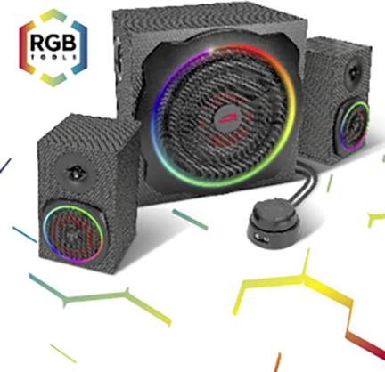 Reproduktorový systém s RGB svetlami, pozostávajúci z basu a dvoch satelitných reproduktorov. Logo 'RGB Tools' v ľavom hornom rohu.