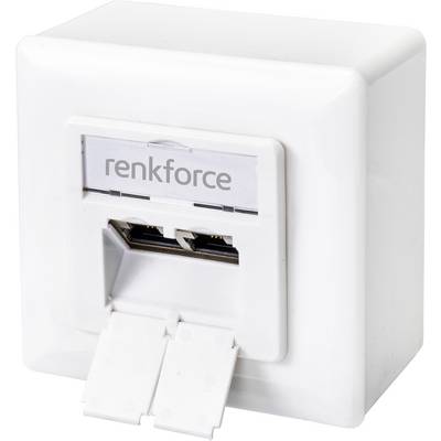 Biela sieťová zásuvka s dvoma ethernetovými portami, zakrytá dvoma klapkami, s označením textu 'renkforce'.