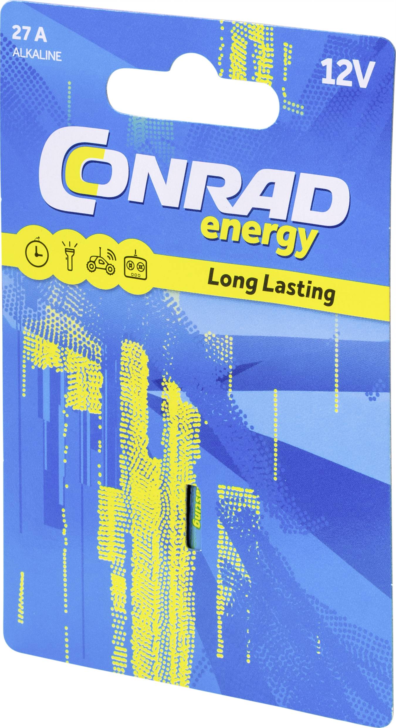 Blistrový obal alkalickej batérie 12V 'Conrad energy', 27A, s modrým pozadím a textom 'Long Lasting'.