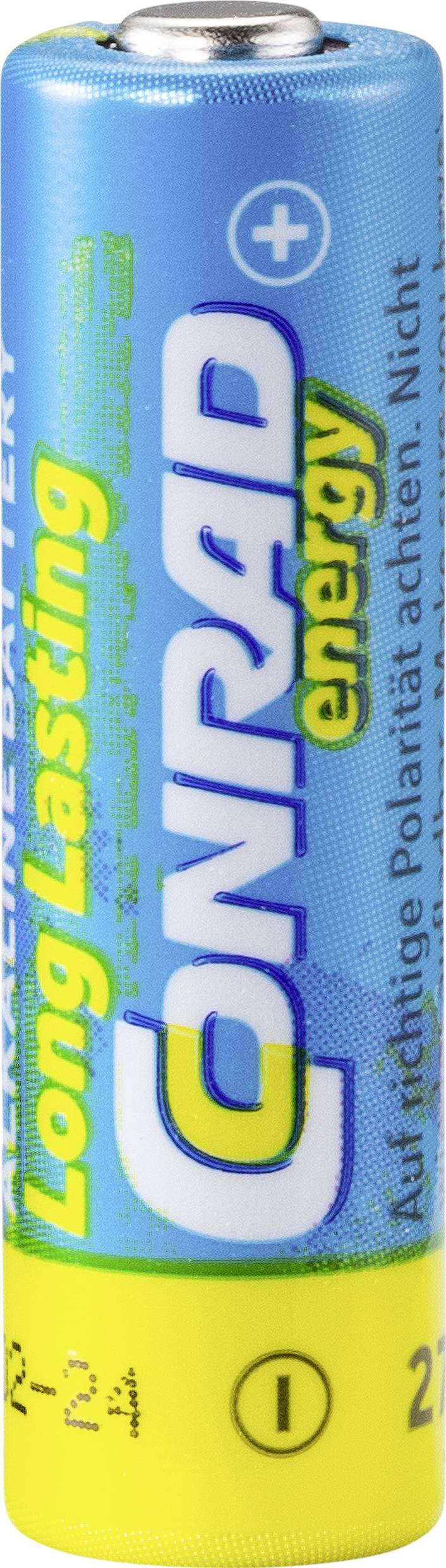 Žltá a modrá AAA batéria značky Conrad Energy s nápisom 'Long Lasting'.