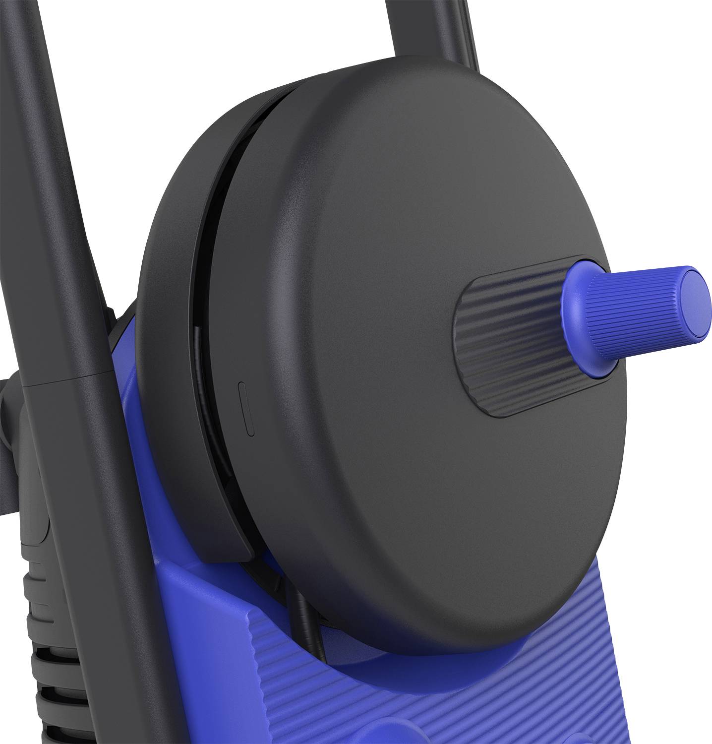 Modrý a čierny vysokotlakový čistič s ergonomickou rukoväťou a veľkým otočným ovládačom na nastavenie tlaku.