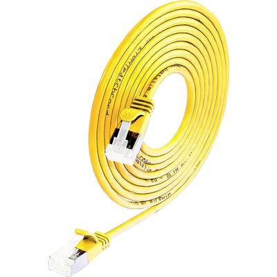 Žltý plochý ethernetový kábel, zvinutý, s RJ45 konektormi na oboch koncoch, vhodný pre sieťové aplikácie.
