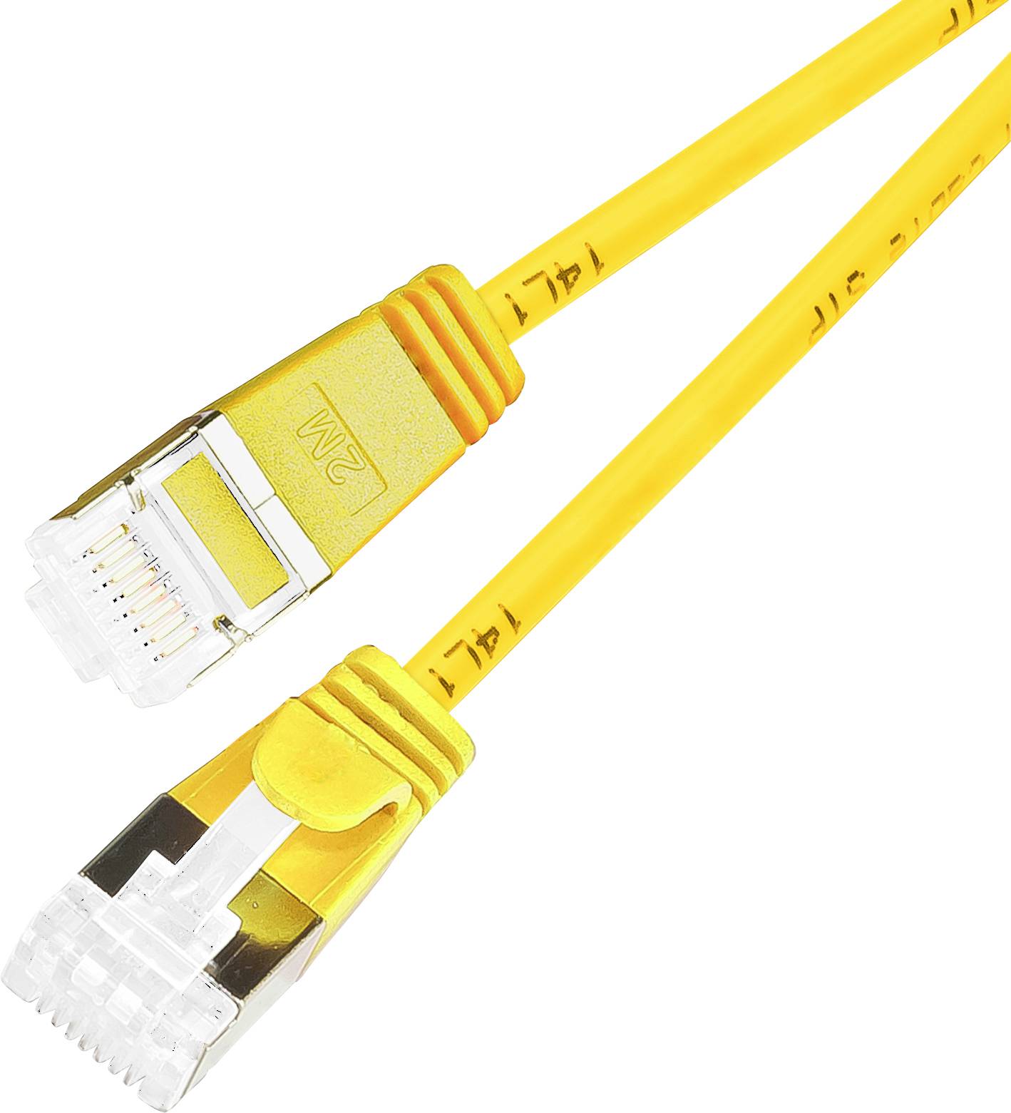 Dva žlté ethernetové káble s RJ45 konektormi, pričom každý je označený '2M' pozdĺž kábla, indikujú jeho dĺžku.