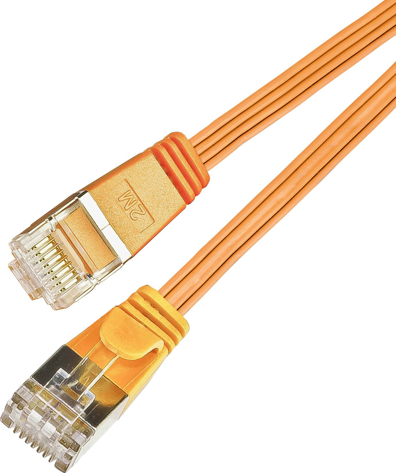 Oranžový sieťový kábel s dvoma RJ45 konektormi. Kábel je dlhý 2 metre, ako je uvedené na štítku.