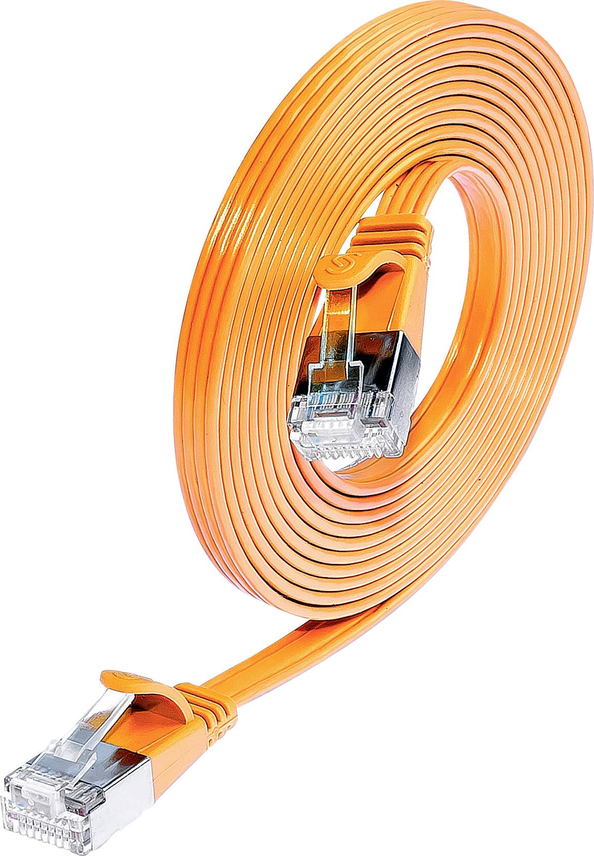Oranžový, plochý ethernetový kábel zvinutý do kruhu, s dvoma priesvitnými konektormi RJ45 na koncoch.