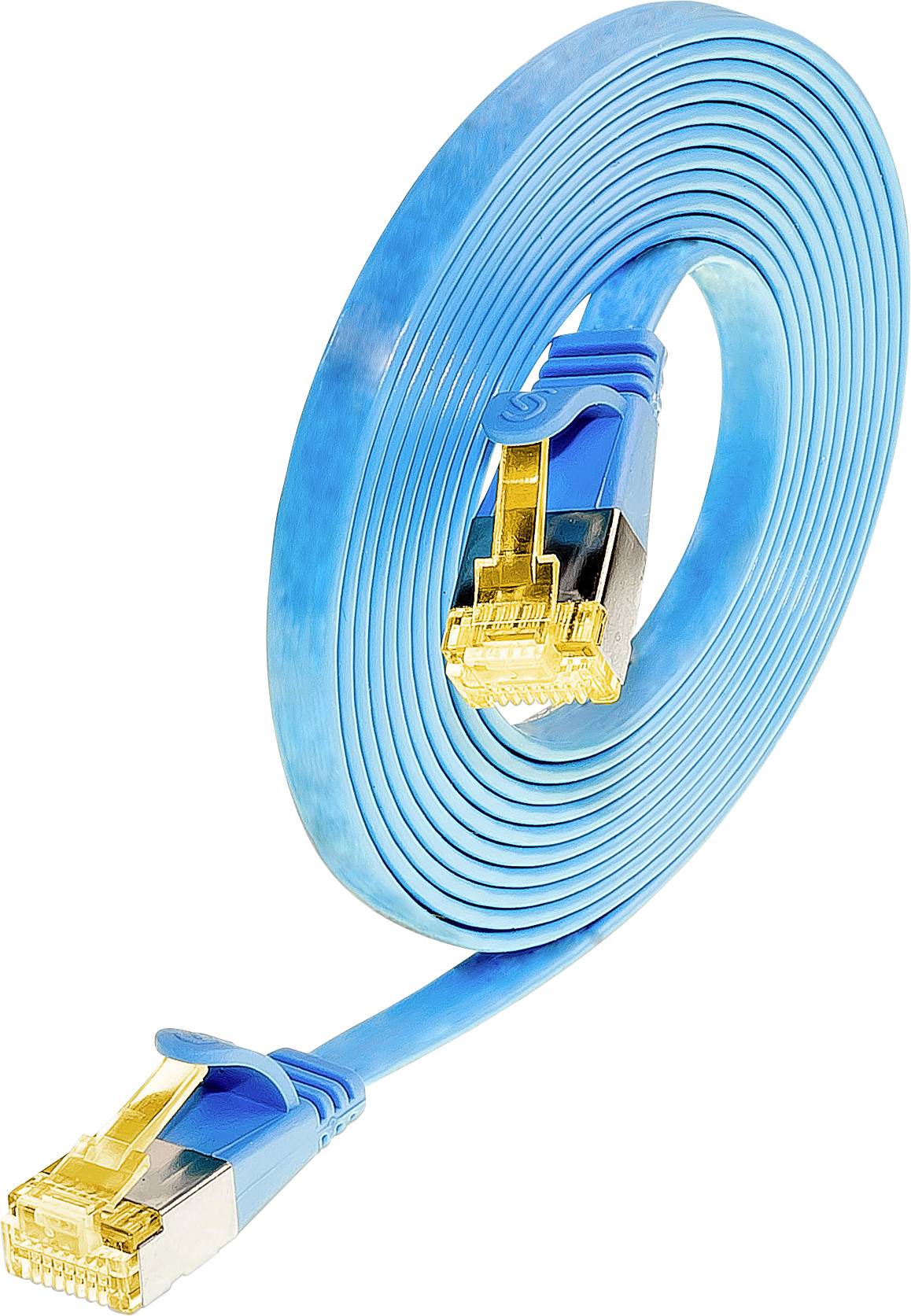 Modrý, plochý ethernetový kábel so zlatými konektormi, zvinutý do tvaru disku.
