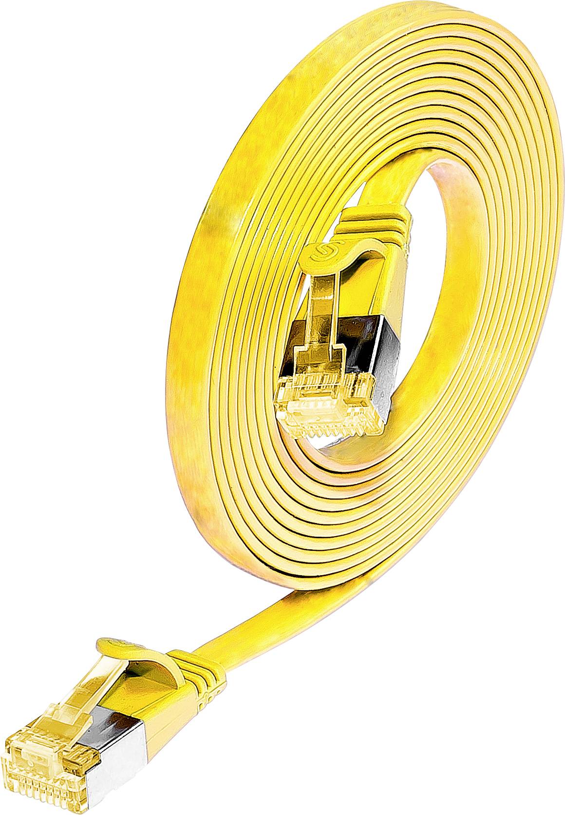 Žltý plochý ethernetový kábel s RJ45 konektormi, zvinutý, na bielom pozadí.