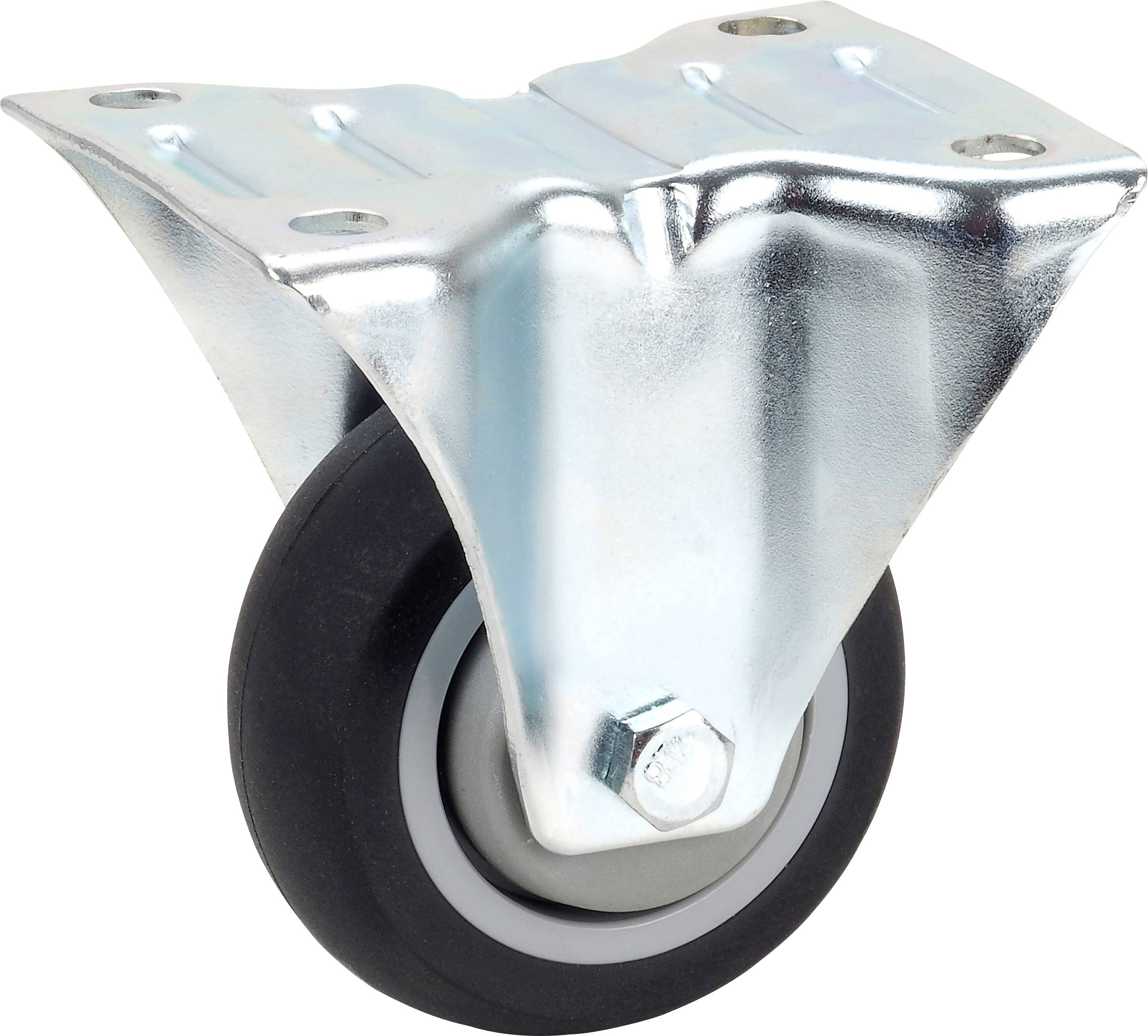 Otočné koliesko s čiernym kolesom a strieborným kovovým telesom. Používa sa pre mobilný nábytok alebo zariadenia.