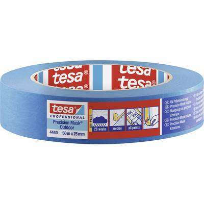 Lepiaca páska značky 'tesa', modrá, 50 m dlhá, 25 mm široká, vhodná pre presné maľovanie v exteriéri, odolná voči poveternostným podmienkam.