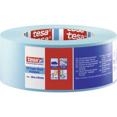 Rolka lepiacej pásky s modrým papierom a etiketou. Nápis: 'tesa professional UV Paper Mask Premium' v bielej farbe. Rozmery: 50m x 50mm.