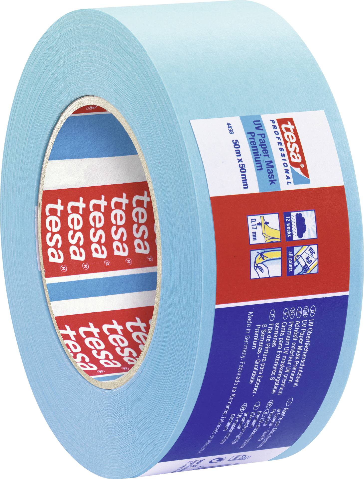 Modré maliarske zakrývacie pásky od tesa, vhodné do interiéru. Obal zobrazuje symboly použitia a informácie o produkte.