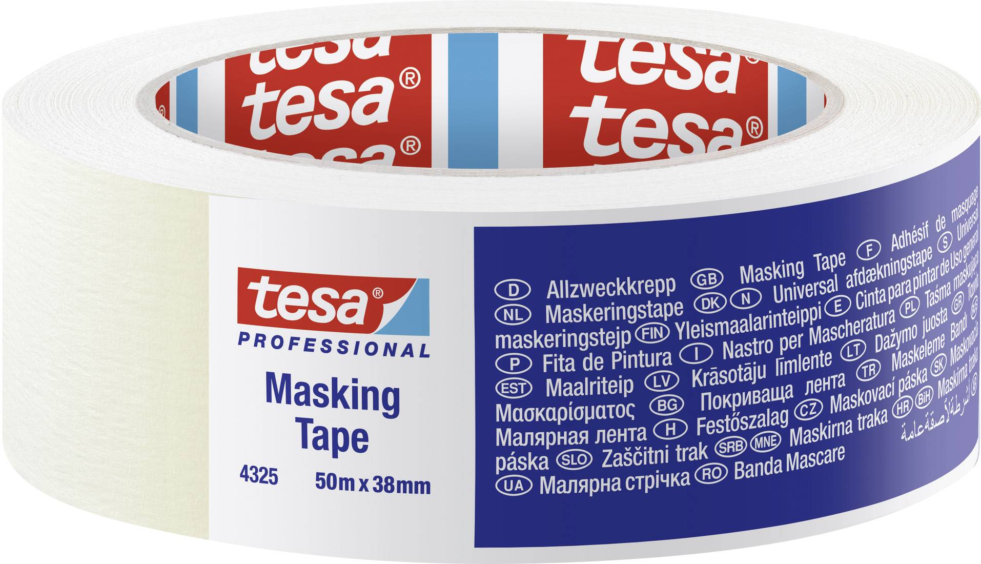 Rolka lepiacej pásky s bielym papierom, modrou etiketou. Značka 'tesa', dĺžka 50 m, šírka 38 mm. Viacjazyčné označenie 'Masking Tape'.