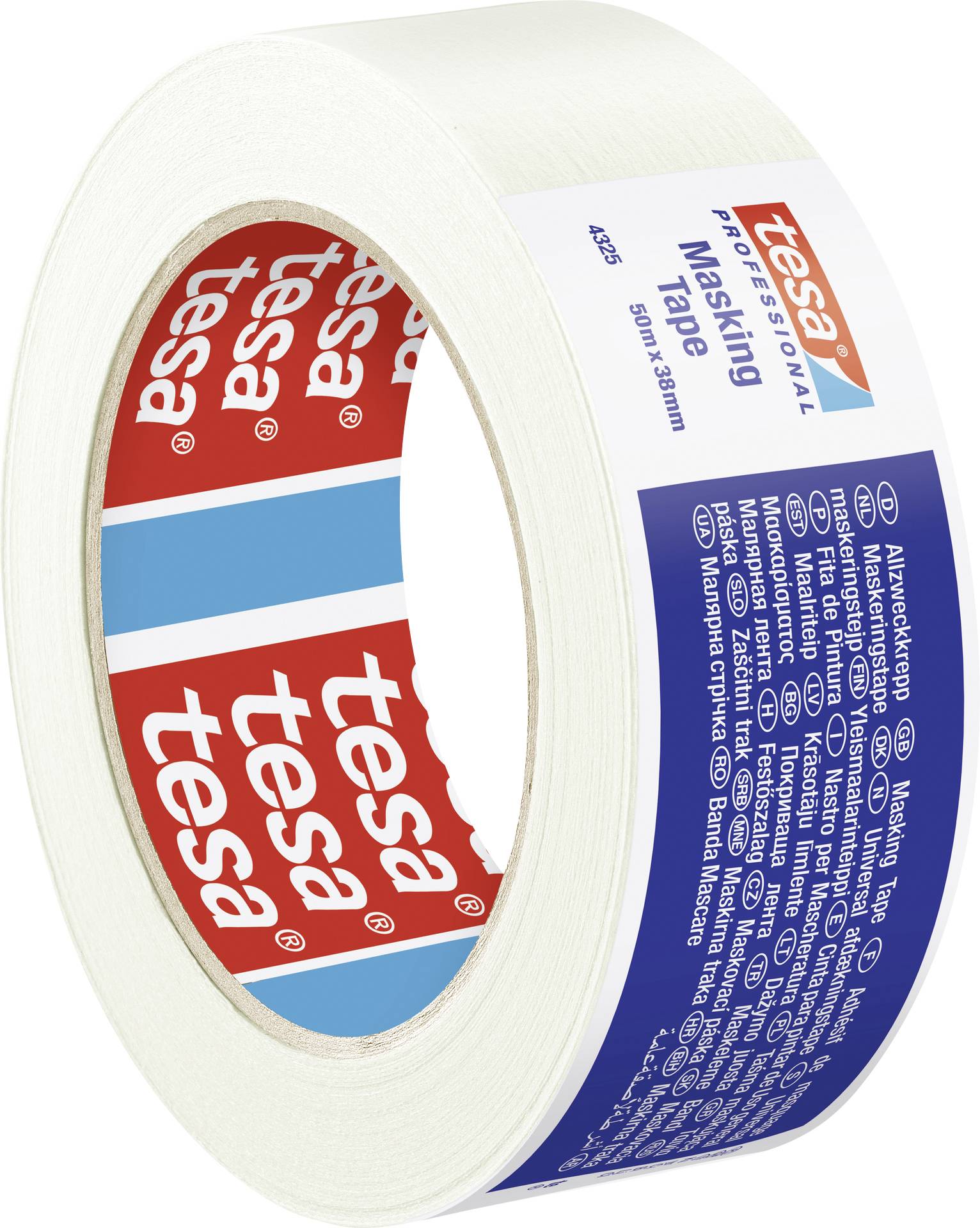 Biela role zakrývacej pásky s potlačou 'tesa professional Masking Tape'. Etiketa zobrazuje produktové informácie vo viacerých jazykoch.