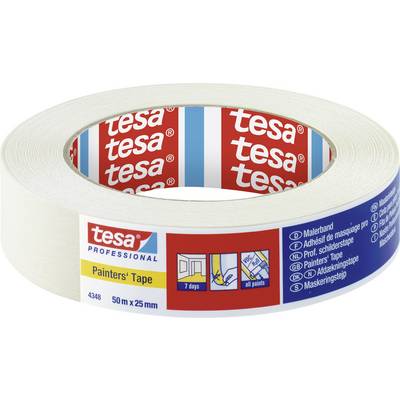Maliarske pásky značky 'tesa' na rolke, veľkosť 50 m x 25 mm. Balenie obsahuje príklady použitia a pokyny na skladovanie.