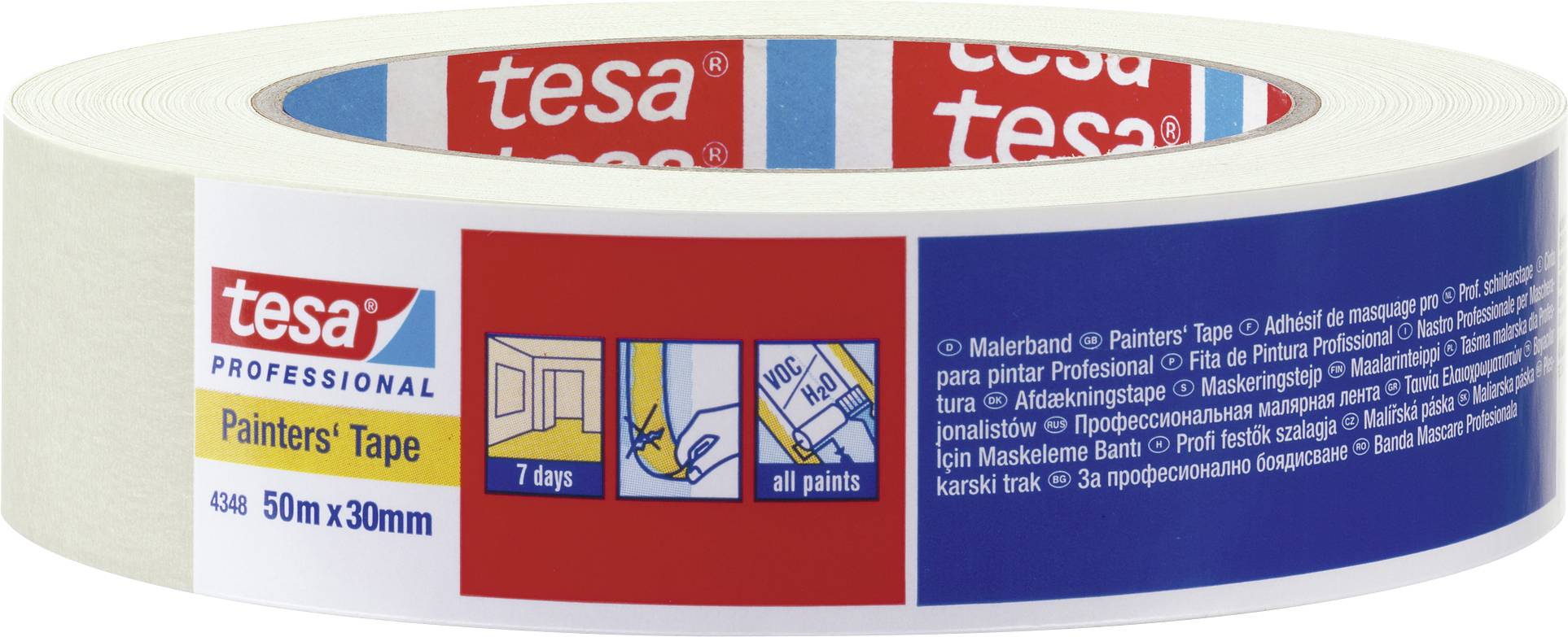 Maliarska maskovacia páska značky Tesa, 50m x 30mm, vhodná pre všetky farby, sľubuje jednoduché odstránenie do 7 dní.