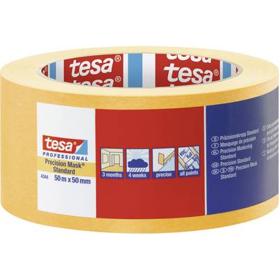 Žltá rolka lepiaceho pásu; značka 'tesa', 50 m x 50 mm. Tlač: na presné zakrytie, trvanlivý až 3 mesiace, vhodný pre všetky farby.