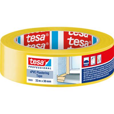 Žlté lepiace páska s logom 'tesa', 'sPVC omietková páska', 33 m x 30 mm. Obrázok znázorňuje príklad použitia na okennom ráme.
