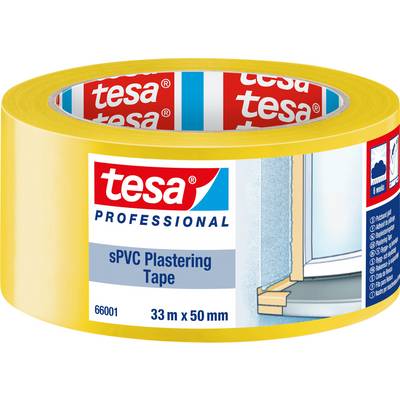 Žltá rolka lepiacej pásky značky 'tesa' s označením 'sPVC Plastering Tape'. Veľkosť: 33 m x 50 mm. Obal zobrazuje okenný rám.