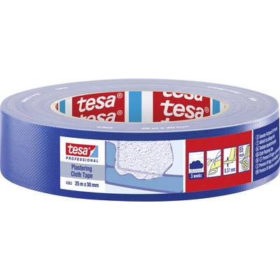 Modrá textilná páska značky Tesa, 25 m x 30 mm, vhodná pre maliarske práce. Balenie zobrazuje príklady použitia a trvanlivosť.