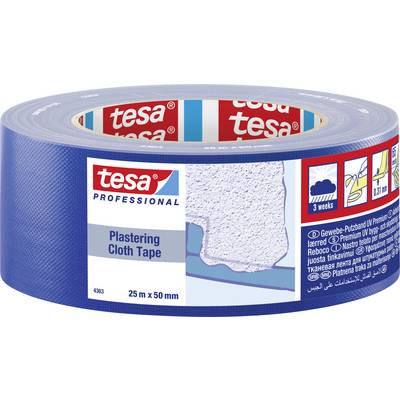 Modré textilné lepiace pásky značky 'tesa' s nápisom 'Plastering Cloth Tape', 25 m x 50 mm, vhodné pre maliarske práce.