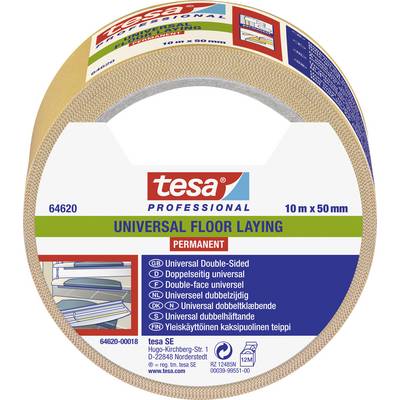 Rolka lepiacej pásky 'tesa', 10m x 50mm, určená na pokládku podláh. Potlač zobrazuje príklady použitia a technické detaily výrobku.
