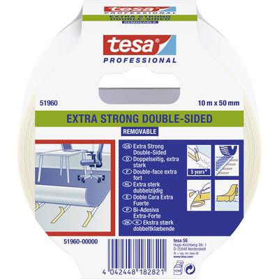 Obojstranná extra silná lepiaca páska Tesa, 10 m x 50 mm, vhodná pre pevné spoje; odnímateľnosť až do 5 rokov.