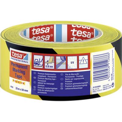 Rolka žltej lepiace pásky značky 'tesa', 33 m x 50 mm, určená na trvalé značenie. Potlač zobrazuje príklady použitia a informácie o produkte.