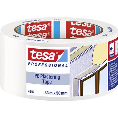 Role tesa PROFESSIONAL PE-krycej pásky, 33 m x 50 mm, vedľa ilustrácie použitia na stene.