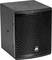 Kompaktný, čierny reproduktor s mriežkou vpredu a malým logom dole, vhodný pre použitie v audiosystémoch.