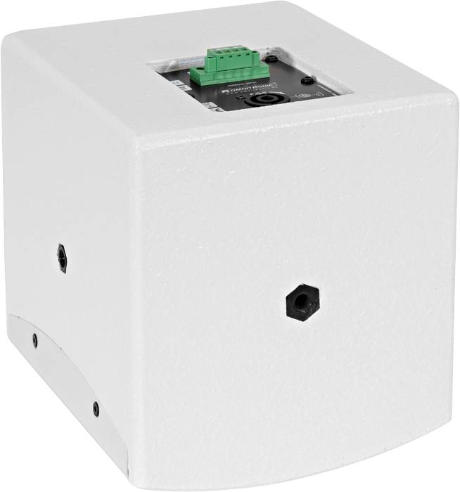 Biely reproduktor v štvorcovom tvare s pripojovaciím poľom na vrchu a zeleným konektorom.