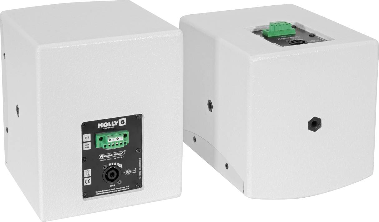 Dva biele, obdĺžnikové reproduktorové systémy s prípojkami na hornej a zadnej strane, vhodné pre profesionálne Audio aplikácie.